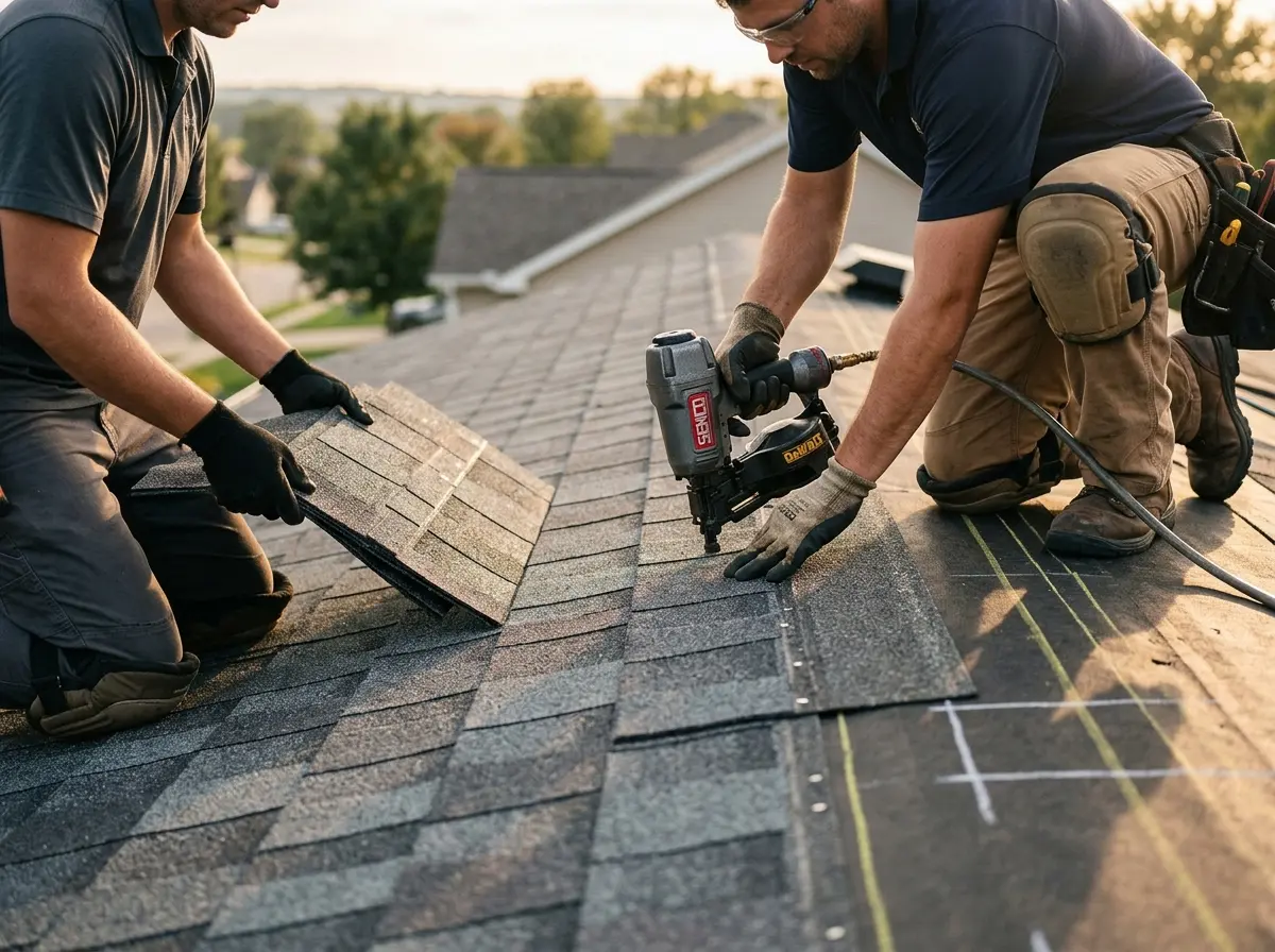 Professional roofer working on a residential roof in Takoma Park